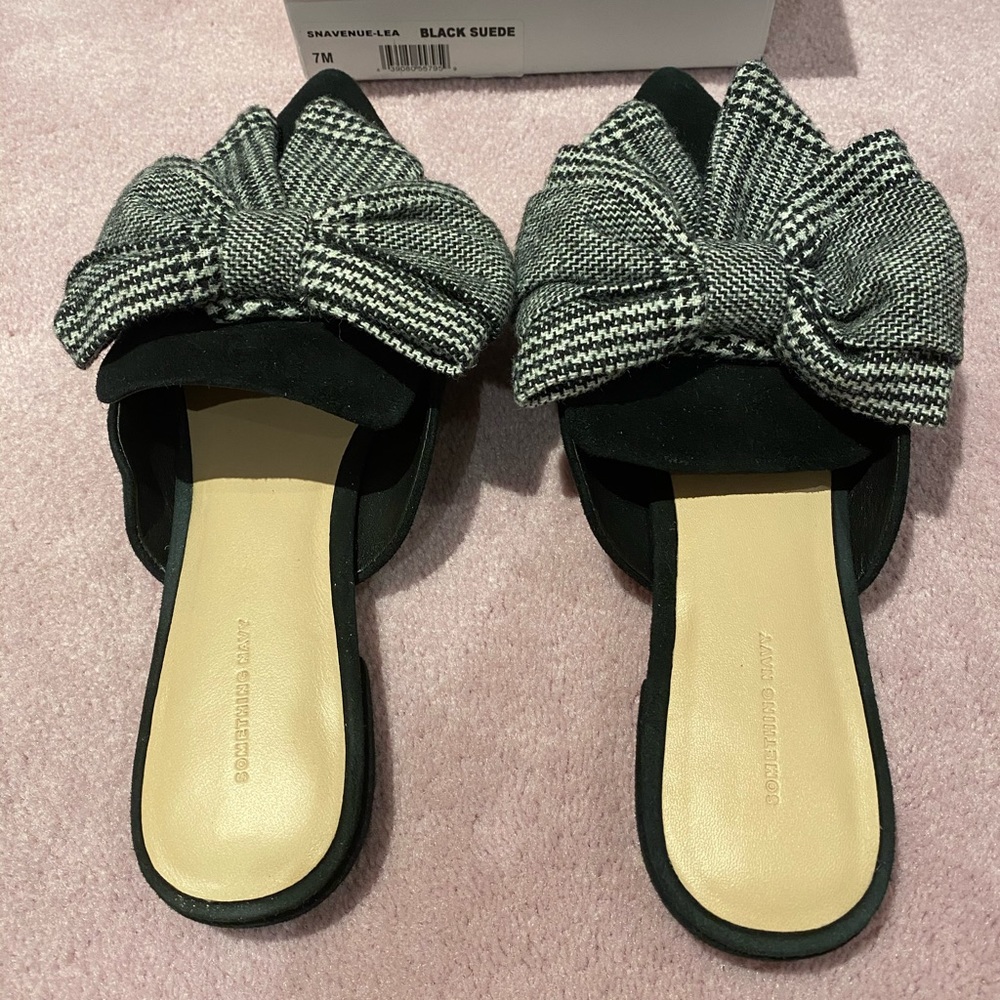 Something Navy Black Suede Flats with Plaid Bow